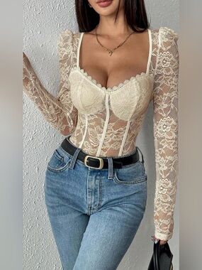 OYOANGLE Floral Lace Long Sleeve V Neck Corset Mesh Leotard Bodysuit Jumpsuit